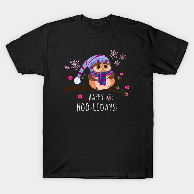 Cute Christmas Owl Happy Hoo-Lidays Funny Holiday Saying T-Shirt by egcreations